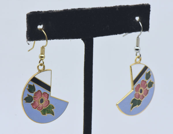 Vintage Gold Tone and Enamel Floral Dangle Earrings