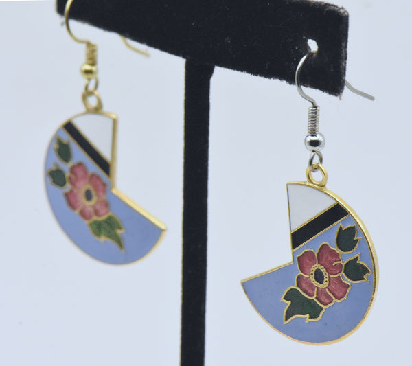 Vintage Gold Tone and Enamel Floral Dangle Earrings