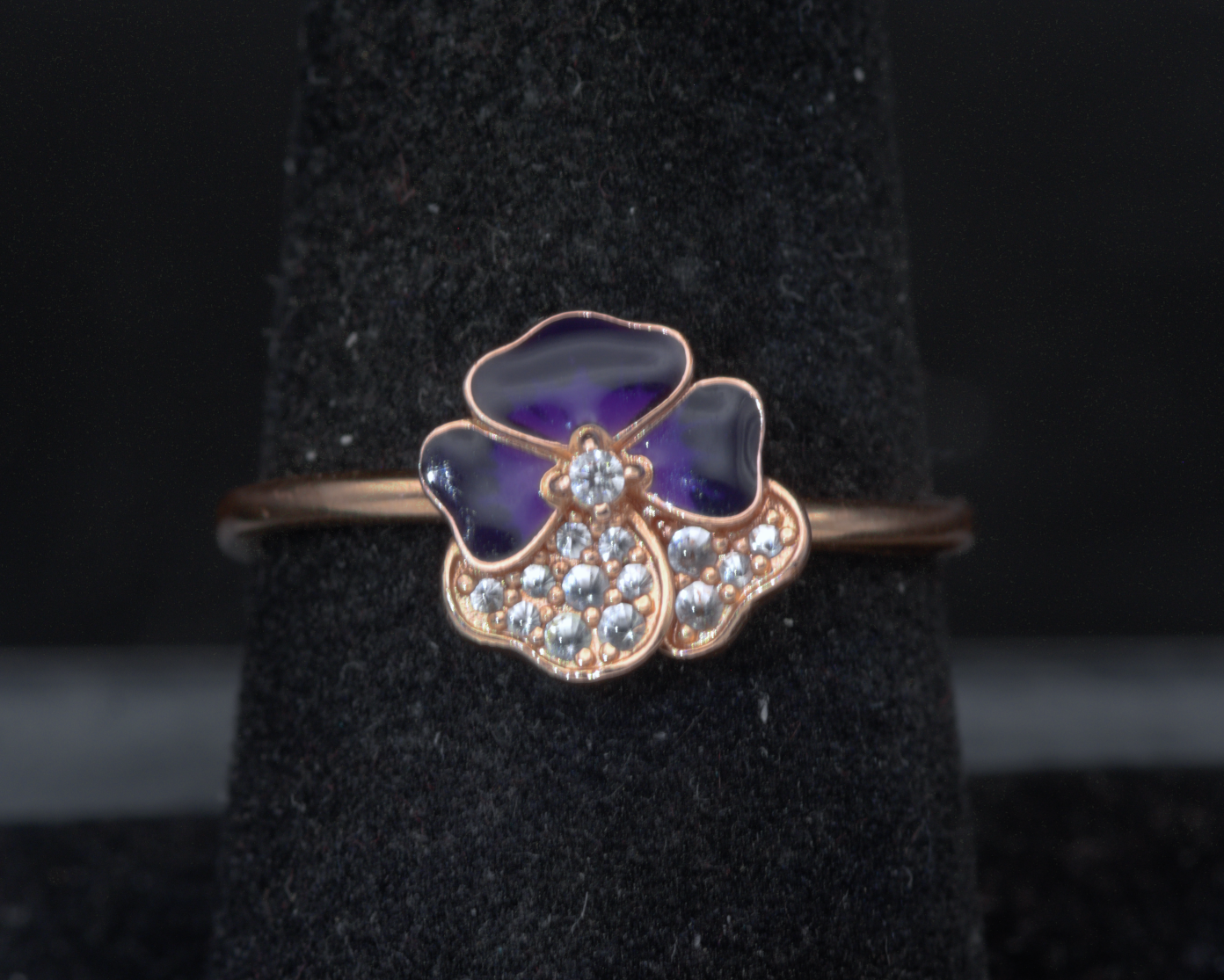Pandora - Vintage 14k Rose Gold Plated CZ Pansy Ring - Size 7.75