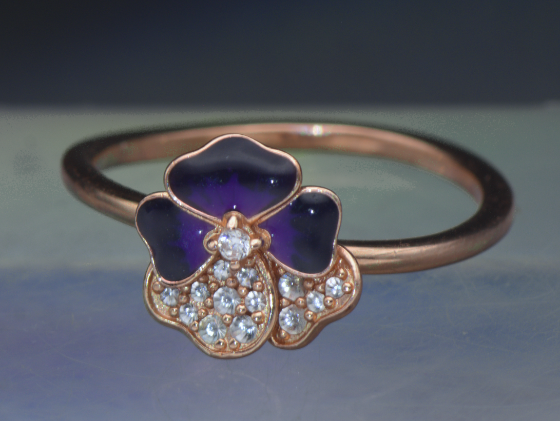 Pandora - Vintage 14k Rose Gold Plated CZ Pansy Ring - Size 7.75
