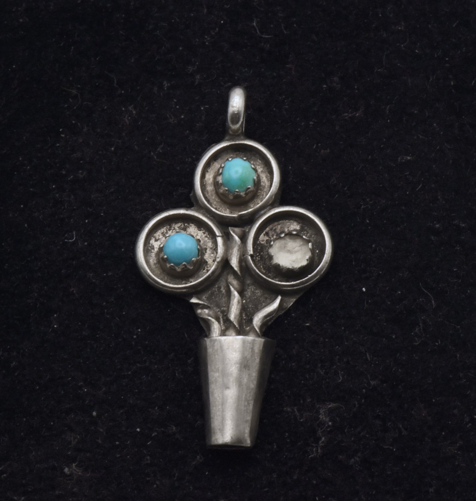 Vintage Handmade Sterling Silver and Turquoise Flower Pot Pendant - MISSING STONE