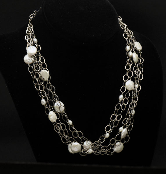 Vintage Handmade Sterling Silver and Pearls Multi-Link Chain Necklace