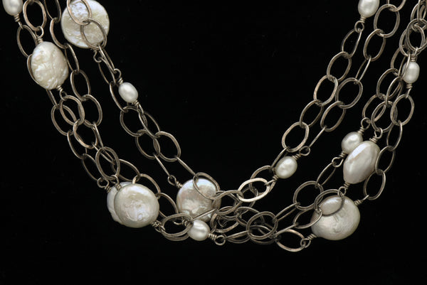 Vintage Handmade Sterling Silver and Pearls Multi-Link Chain Necklace