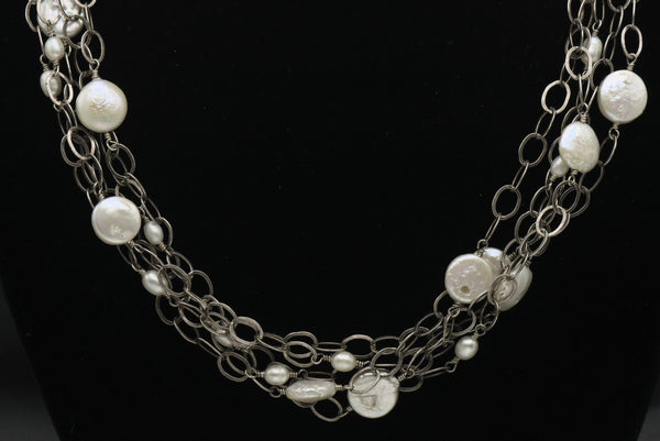 Vintage Handmade Sterling Silver and Pearls Multi-Link Chain Necklace