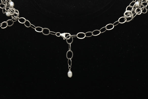 Vintage Handmade Sterling Silver and Pearls Multi-Link Chain Necklace