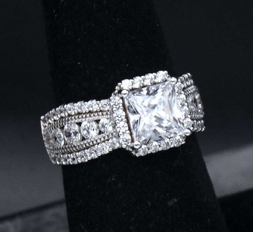 Sterling Silver Princess Cut Cubic Zirconia Halo Ring - Size 6.25