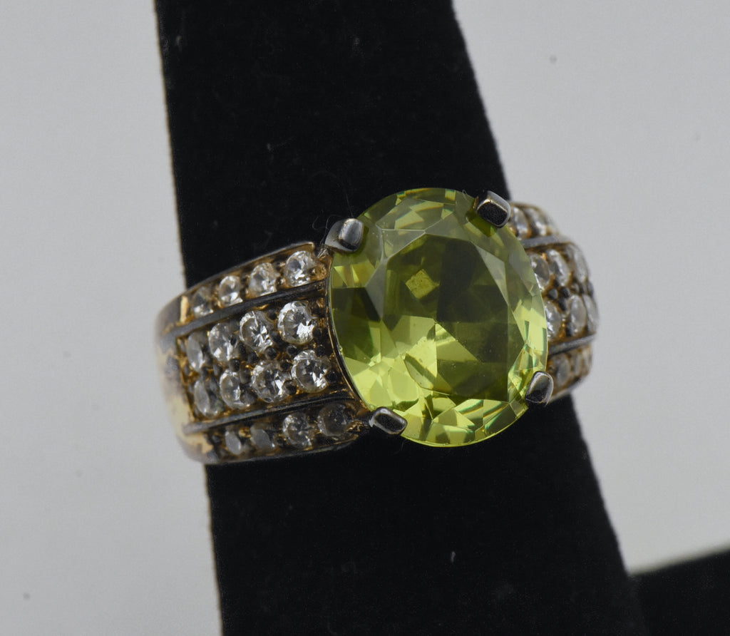 Vintage Green and Colorless CZ Gold Plated Sterling Silver Ring - Size 6