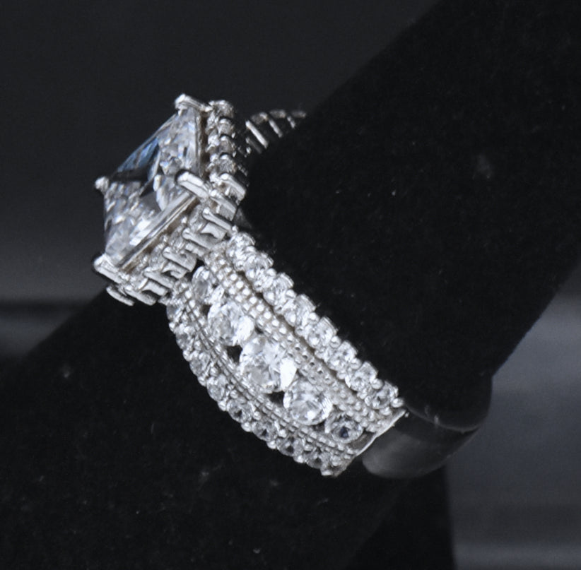 Sterling Silver Princess Cut Cubic Zirconia Halo Ring - Size 6.25