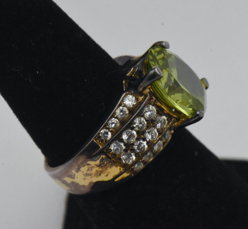 Vintage Green and Colorless CZ Gold Plated Sterling Silver Ring - Size 6