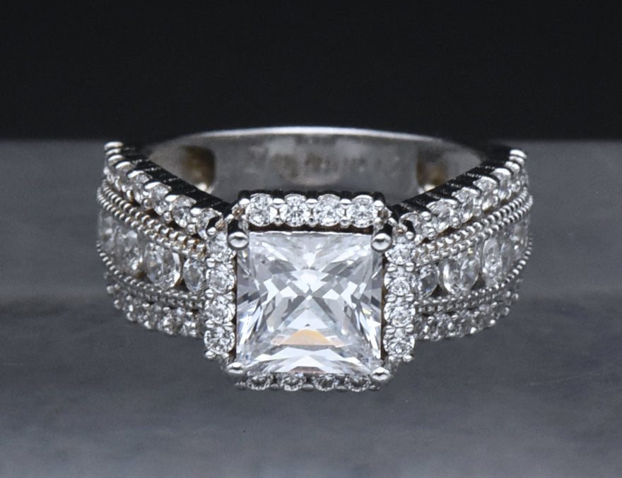Sterling Silver Princess Cut Cubic Zirconia Halo Ring - Size 6.25