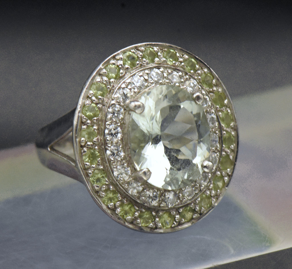 Vintage Prasiolite and Crystals Sterling Silver Ring - Size 6.5