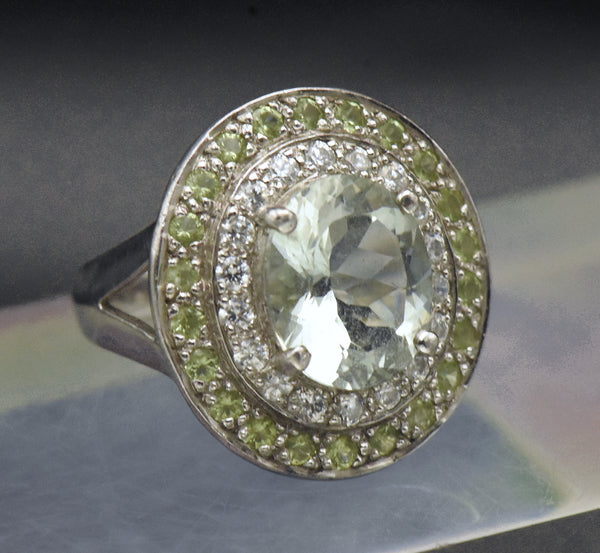 Vintage Prasiolite and Crystals Sterling Silver Ring - Size 6.5