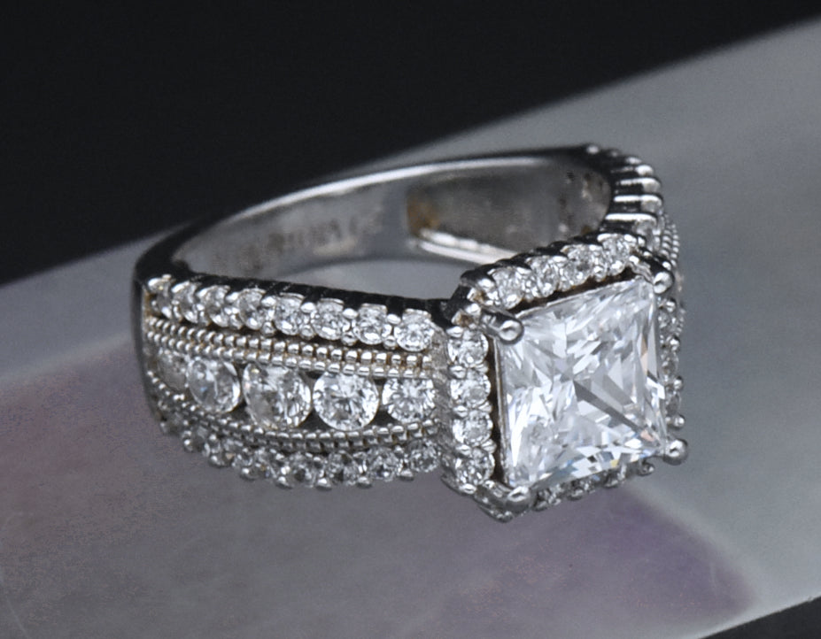 Sterling Silver Princess Cut Cubic Zirconia Halo Ring - Size 6.25