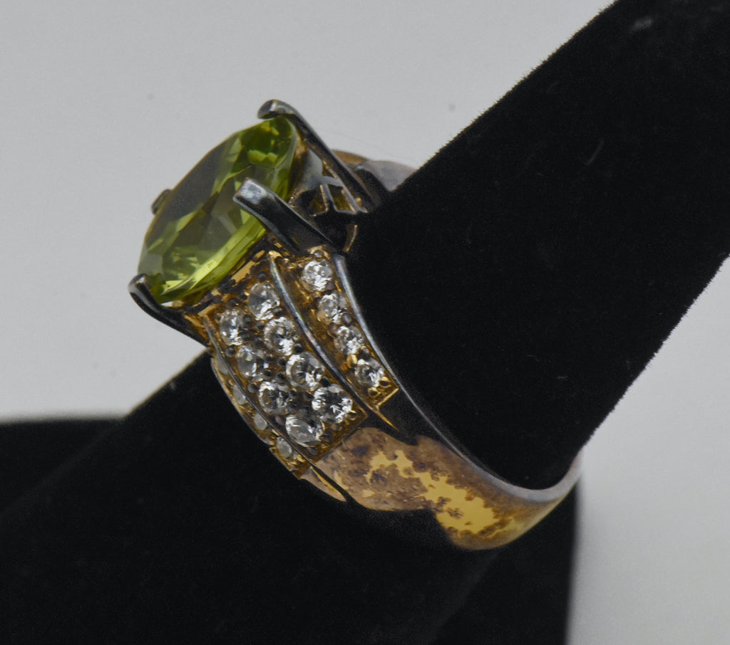Vintage Green and Colorless CZ Gold Plated Sterling Silver Ring - Size 6