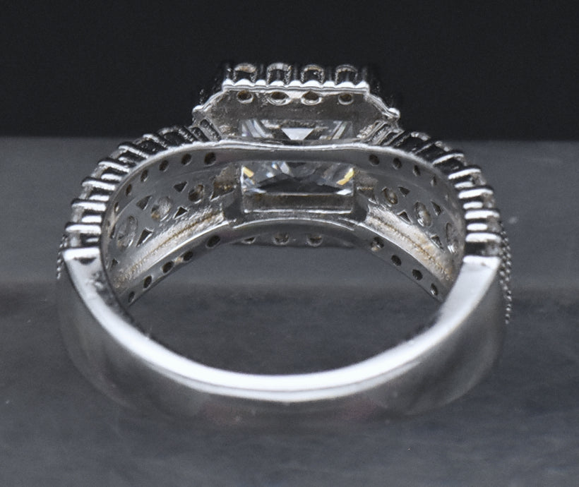 Sterling Silver Princess Cut Cubic Zirconia Halo Ring - Size 6.25