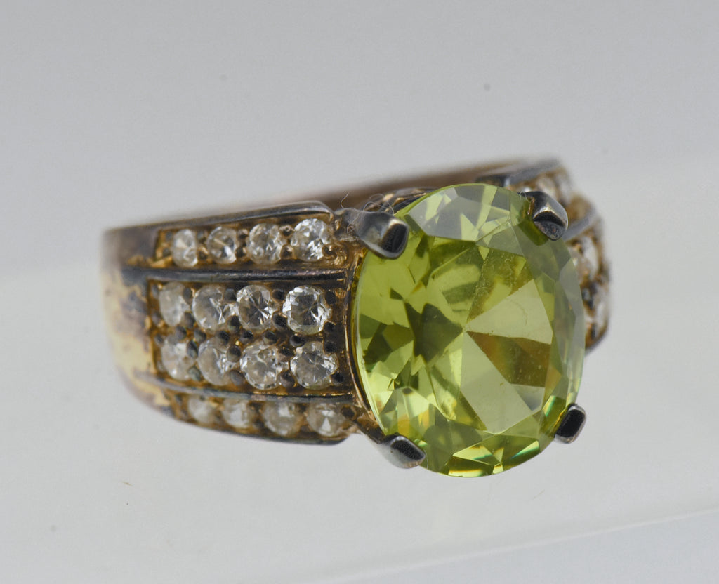 Vintage Green and Colorless CZ Gold Plated Sterling Silver Ring - Size 6