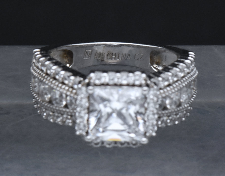 Sterling Silver Princess Cut Cubic Zirconia Halo Ring - Size 6.25