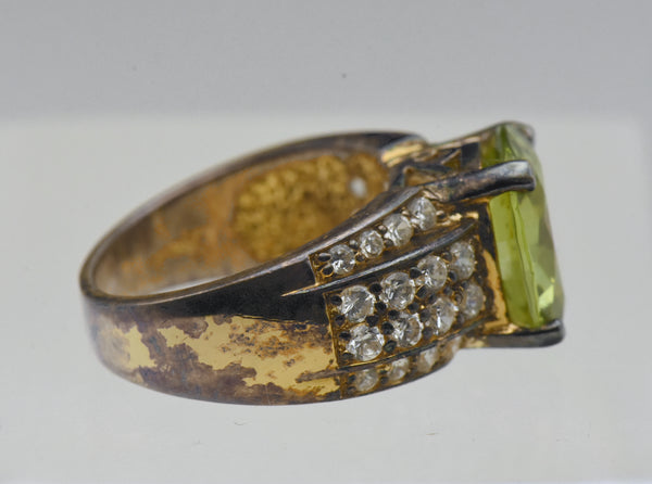 Vintage Green and Colorless CZ Gold Plated Sterling Silver Ring - Size 6