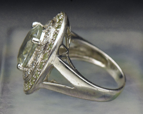 Vintage Prasiolite and Crystals Sterling Silver Ring - Size 6.5