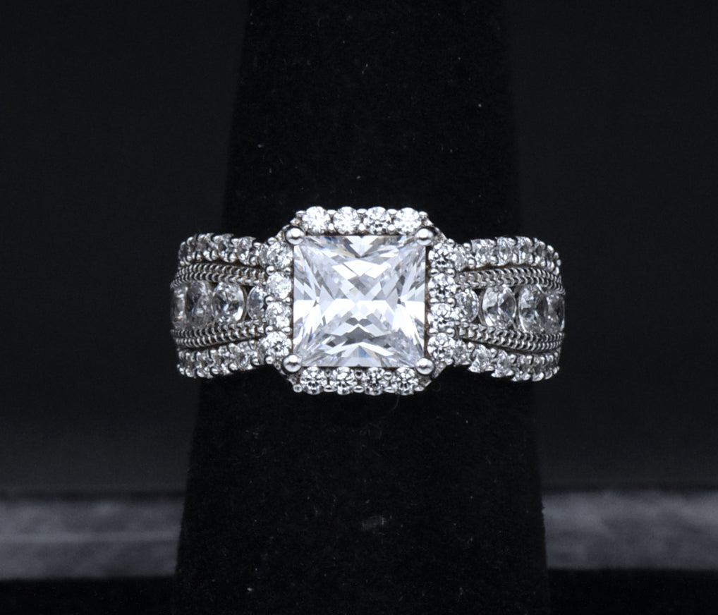 Sterling Silver Princess Cut Cubic Zirconia Halo Ring - Size 6.25