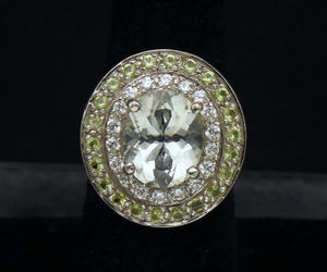 Vintage Prasiolite and Crystals Sterling Silver Ring - Size 6.5