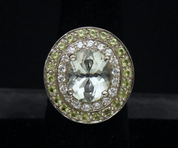 Vintage Prasiolite and Crystals Sterling Silver Ring - Size 6.5