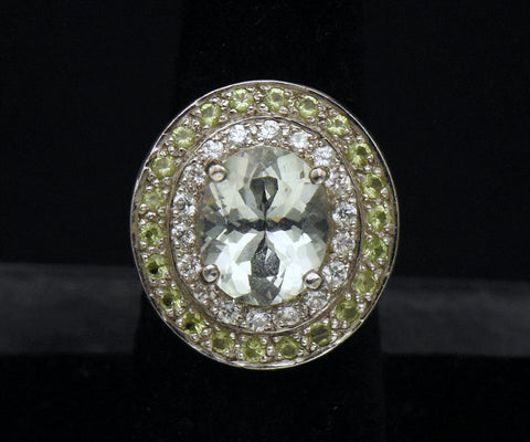 Vintage Prasiolite and Crystals Sterling Silver Ring - Size 6.5