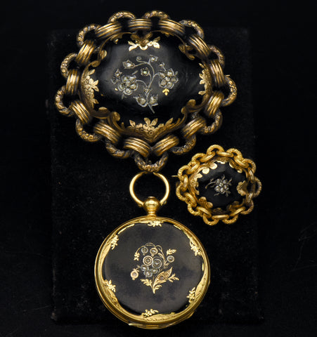 Antique 18k Gold, Diamond and Enamel Mourning Parure Set