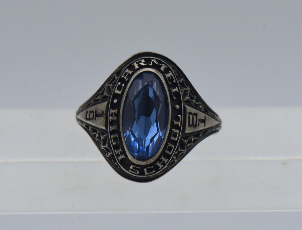 Vintage Palladium-Silver Alloy Synthetic Sapphire 1981 Carmel High School Class Ring - Size 6.5