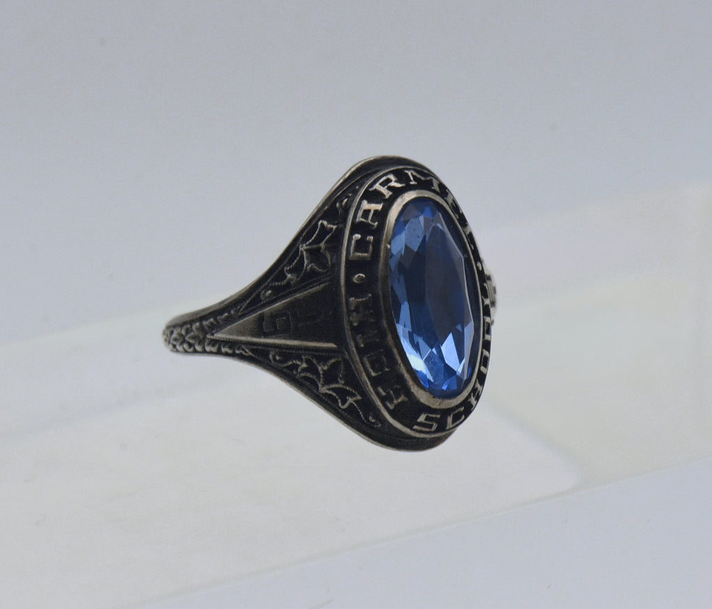 Vintage Palladium-Silver Alloy Synthetic Sapphire 1981 Carmel High School Class Ring - Size 6.5