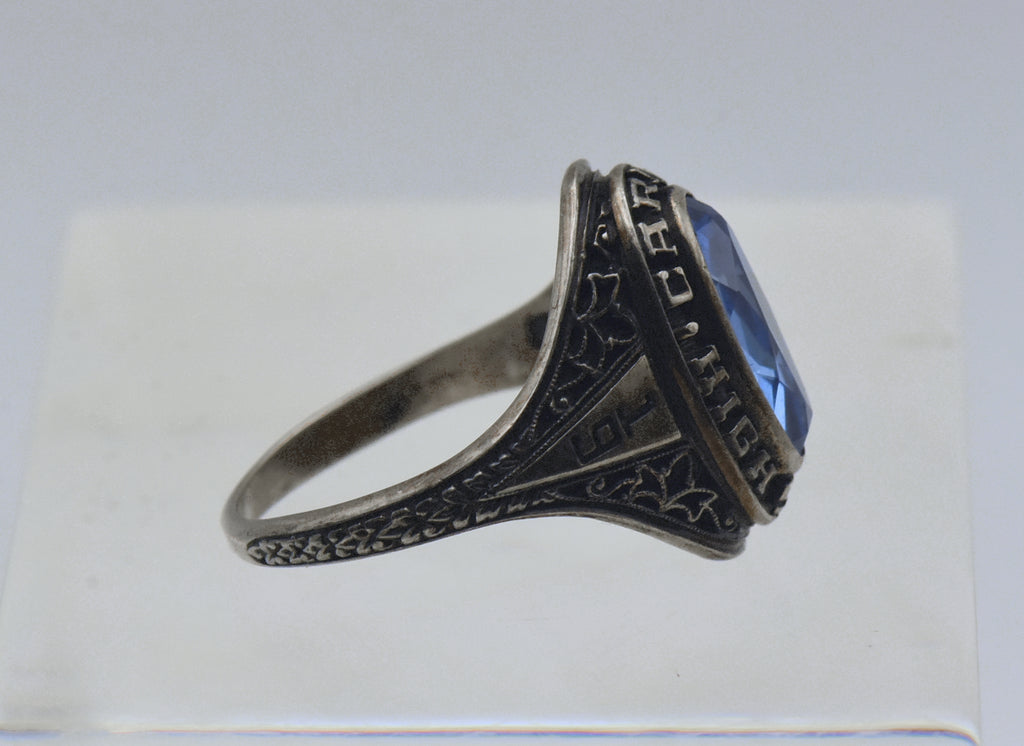 Vintage Palladium-Silver Alloy Synthetic Sapphire 1981 Carmel High School Class Ring - Size 6.5