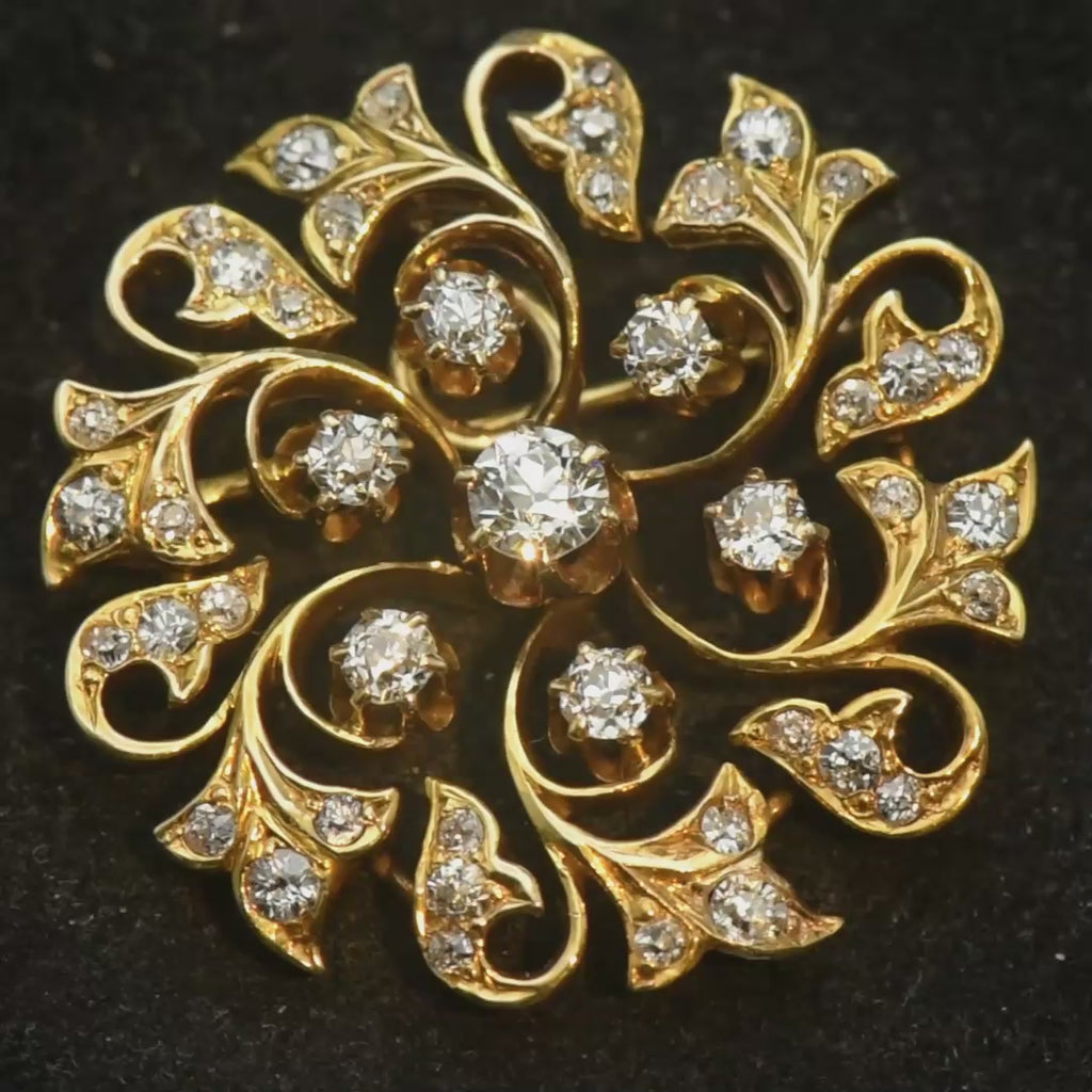 Antique 14k Gold and Diamonds Handmade Swirl Brooch/Pendant