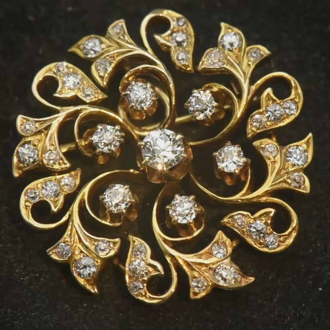 Antique 14k Gold and Diamonds Handmade Swirl Brooch/Pendant