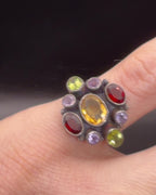 Vintage Handmade Multi-Color Gemstone Sterling Silver Ring - Size 6.25
