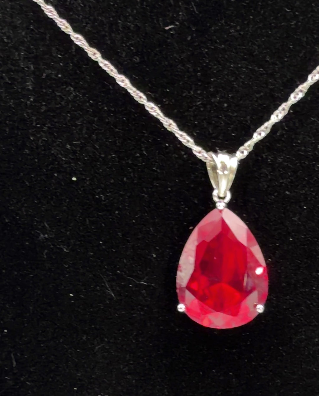 Vintage Large Synthetic Ruby Pendant Sterling Silver Chain Necklace