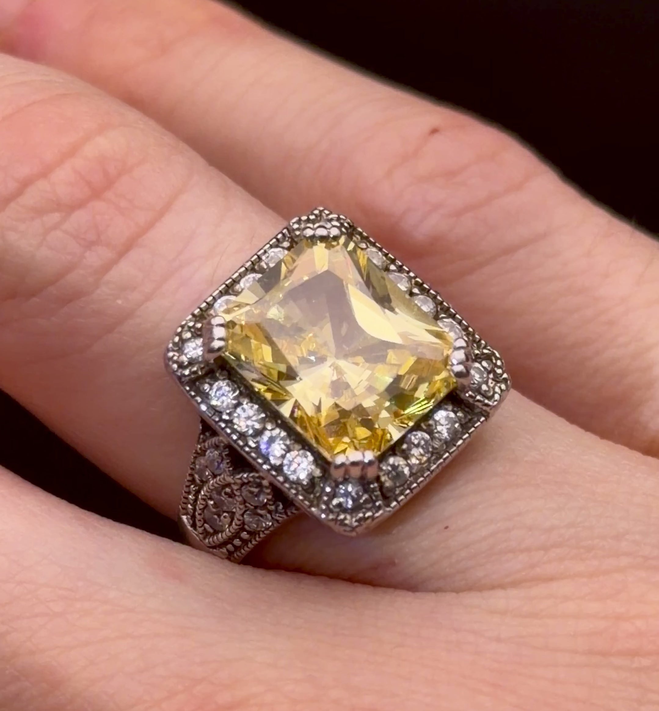 Vintage Yellow CZ Sterling Silver Halo Ring - Size 8