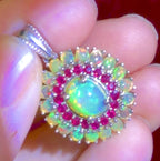 Vintage Opal and Ruby Sterling Silver Pendant on Sterling Silver Chain Necklace - 20.25 Inches