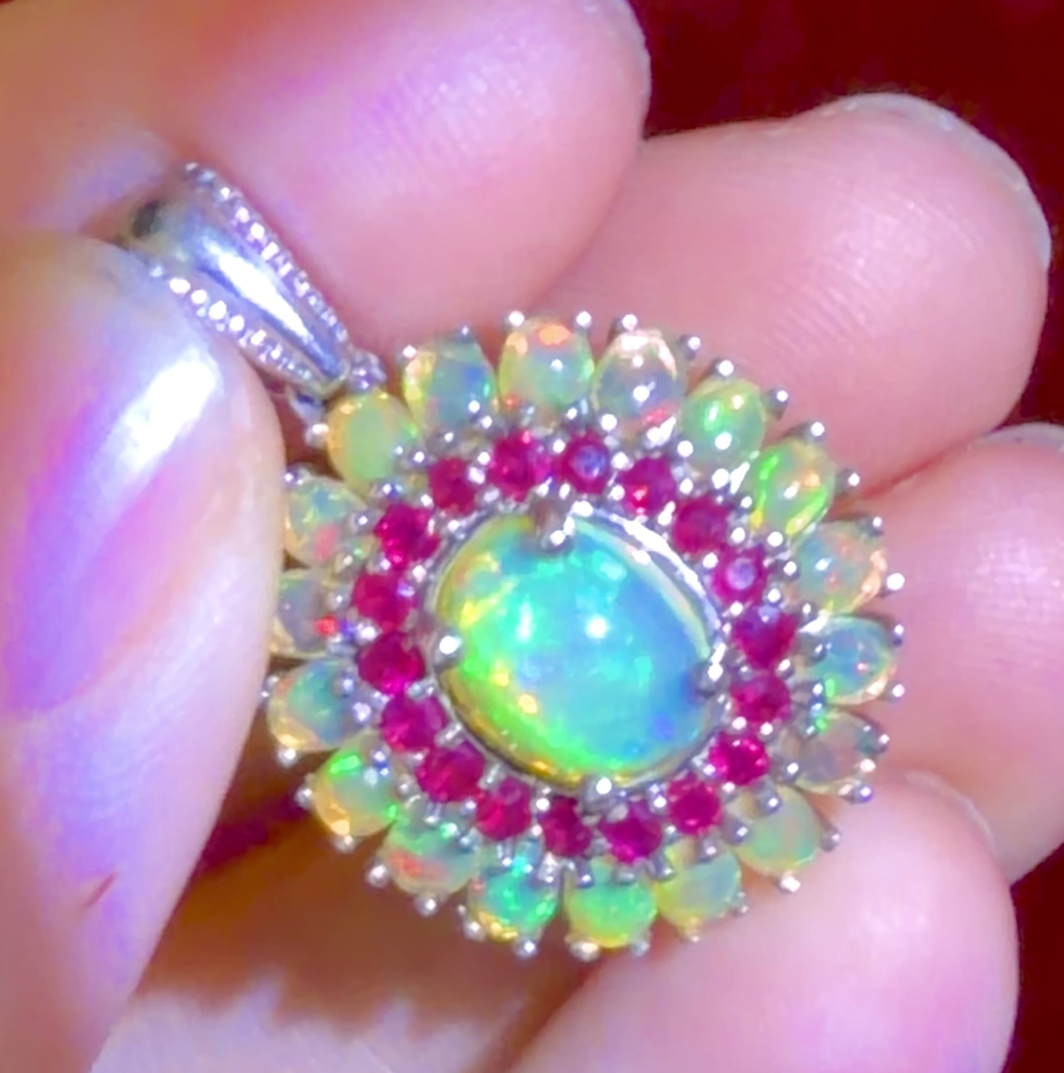 Vintage Opal and Ruby Sterling Silver Pendant on Sterling Silver Chain Necklace - 20.25 Inches