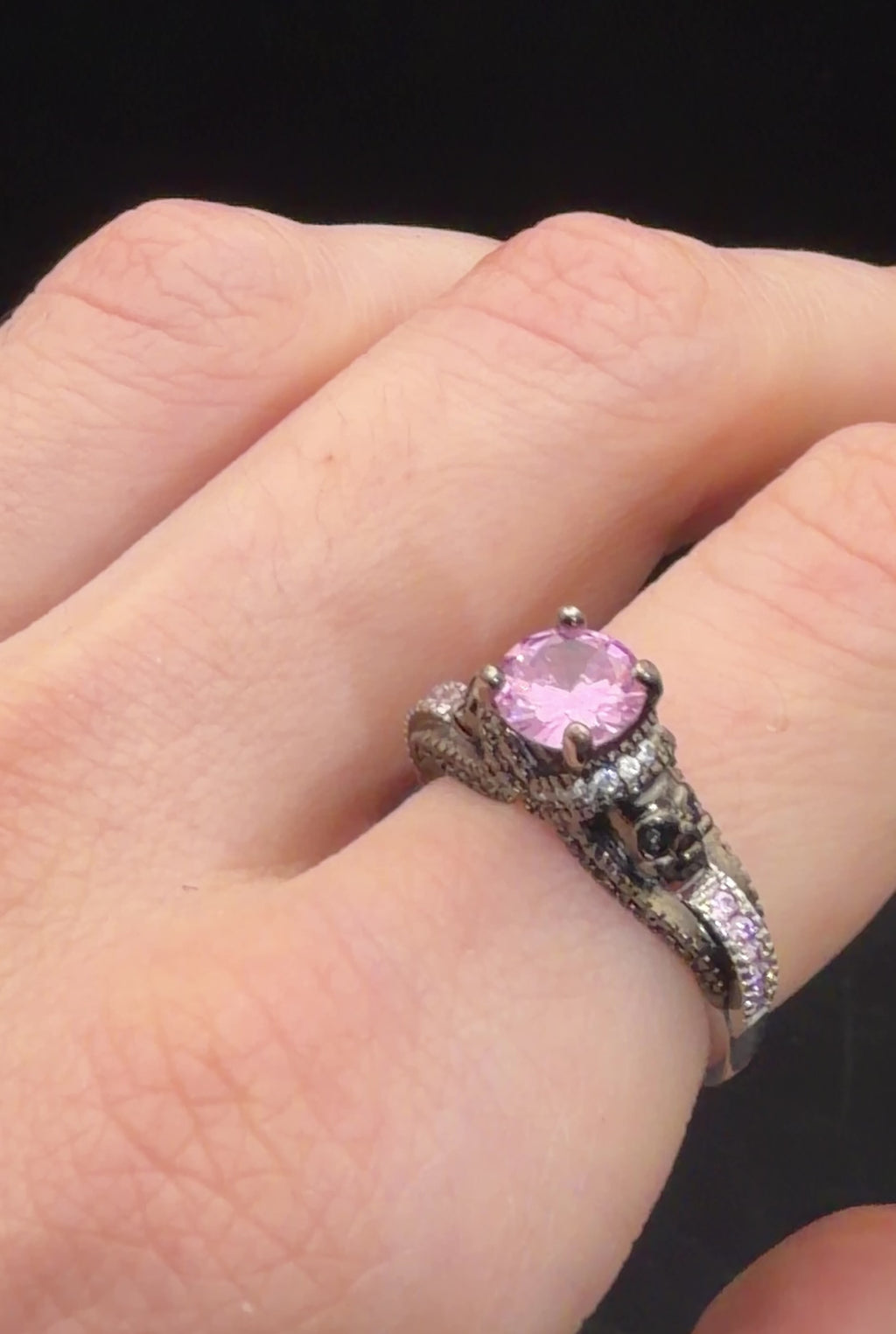 Vintage Skull Motif Pink Crystal Ring - Size 9.25