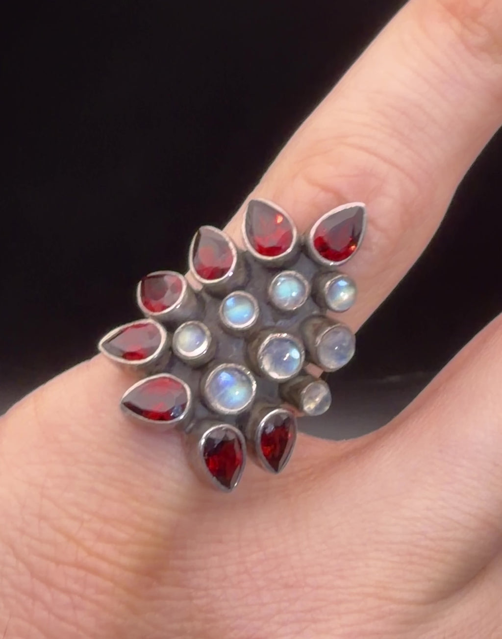Vintage Handmade Rainbow Moonstone and Garnet Sterling Silver Ring - Size 5.75