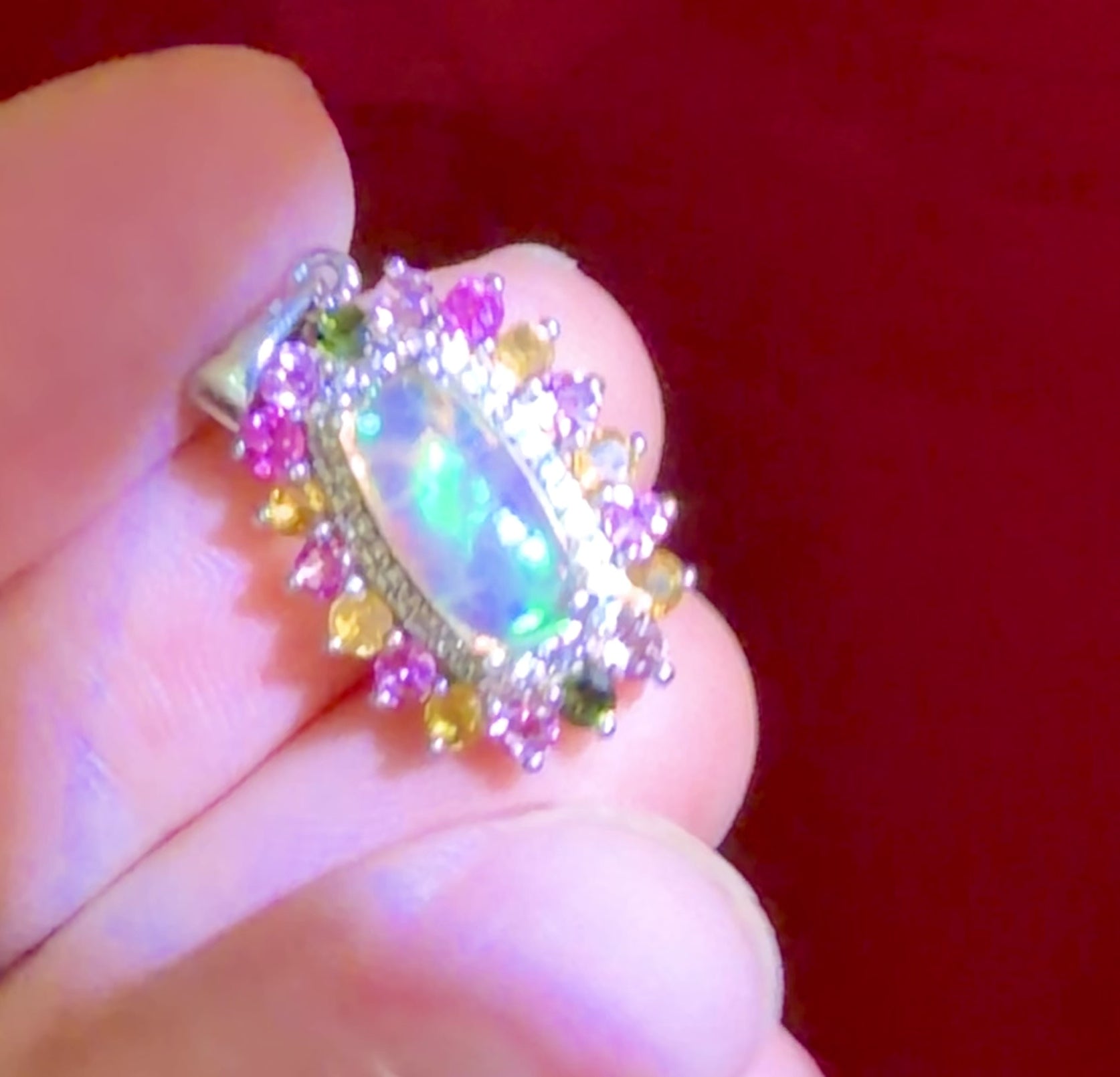 Vintage Opal, Tourmaline and Zircon Sterling Silver Pendant on Sterling Silver Chain Necklace - 20 Inches