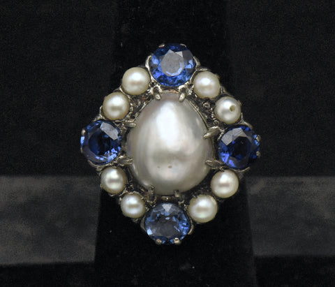 Vintage Culured Pearls and Synthetic Sapphires Sterling Silver Ring - Size 5.5