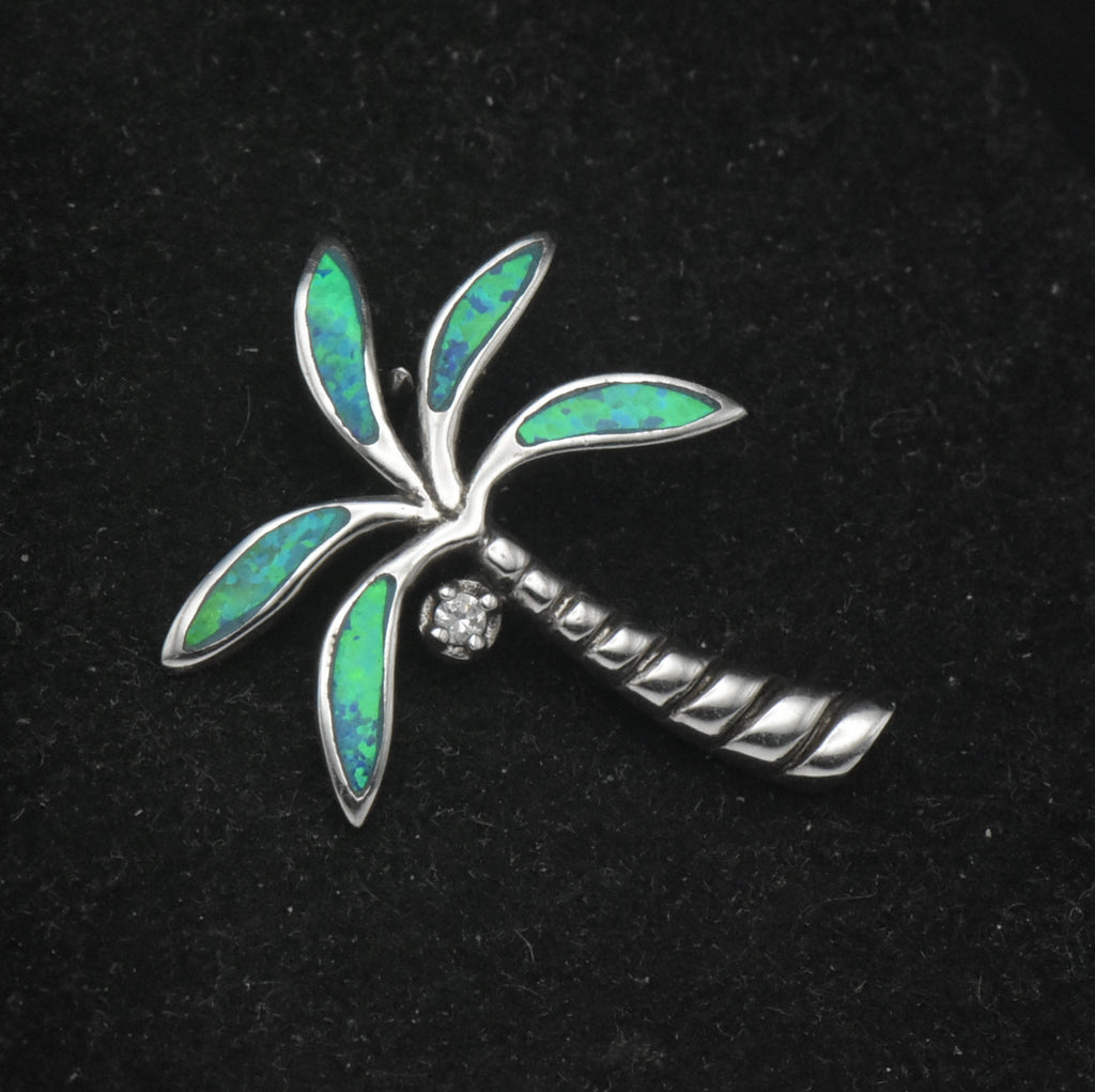 Vintage Sterling Silver Synthetic Blue Opal Palm Tree Pendant