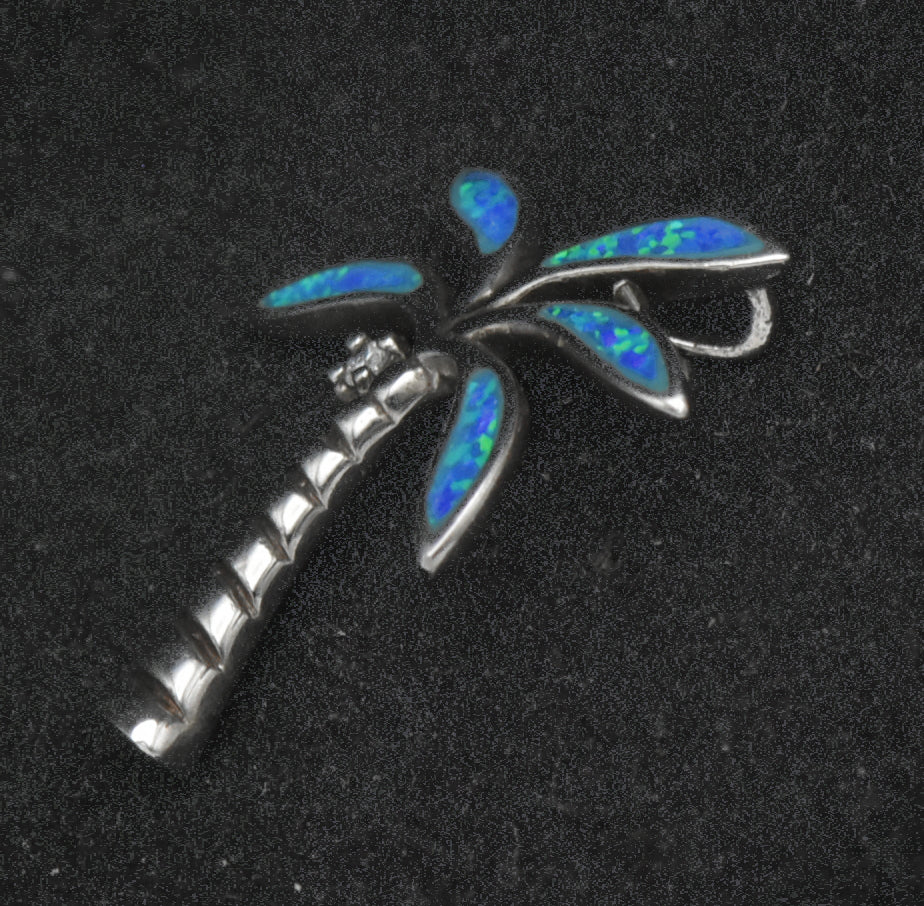 Vintage Sterling Silver Synthetic Blue Opal Palm Tree Pendant