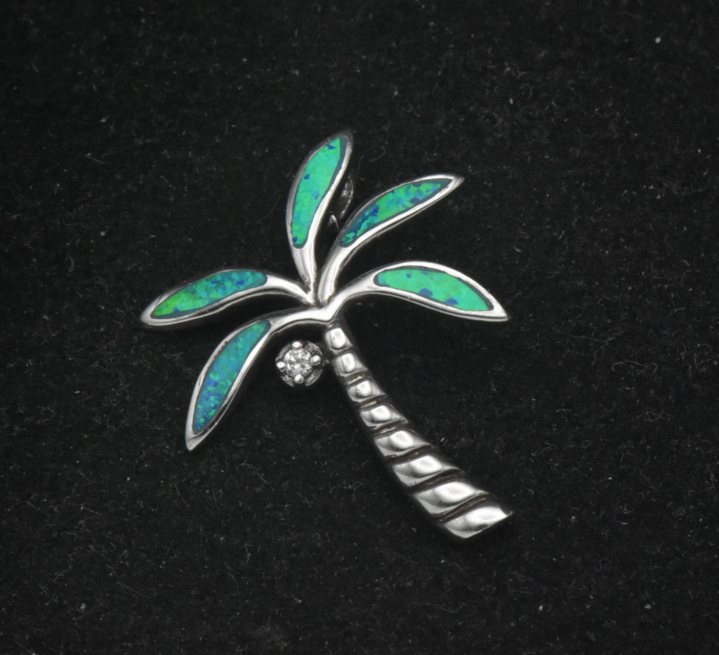 Vintage Sterling Silver Synthetic Blue Opal Palm Tree Pendant