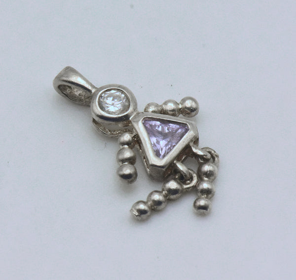 Vintage Sterling Silver CZ and Light Pink Crystal Girl Stick Figure Pendant
