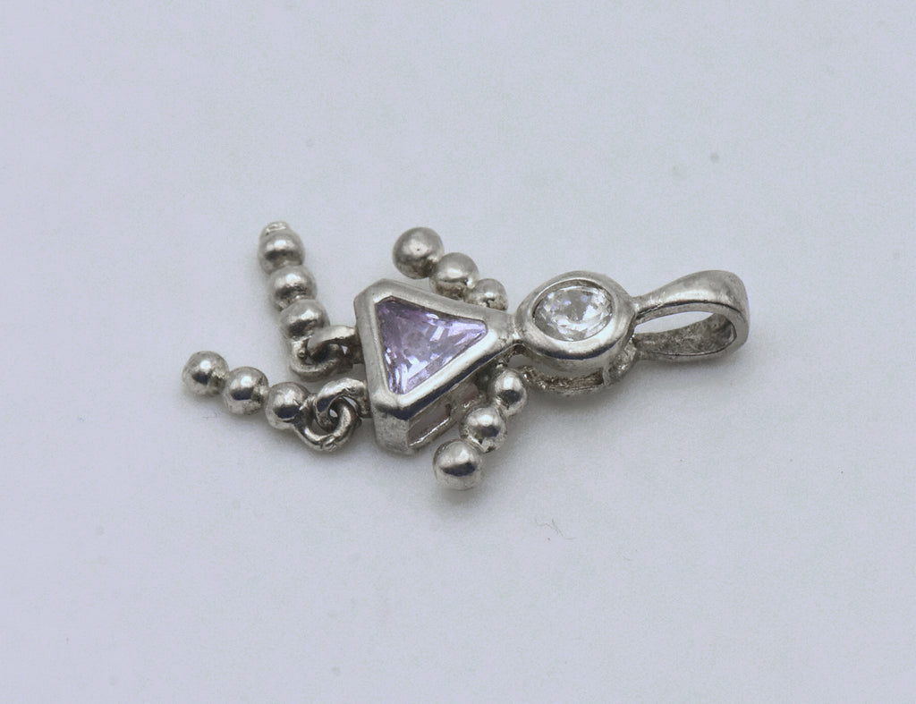 Vintage Sterling Silver CZ and Light Pink Crystal Girl Stick Figure Pendant