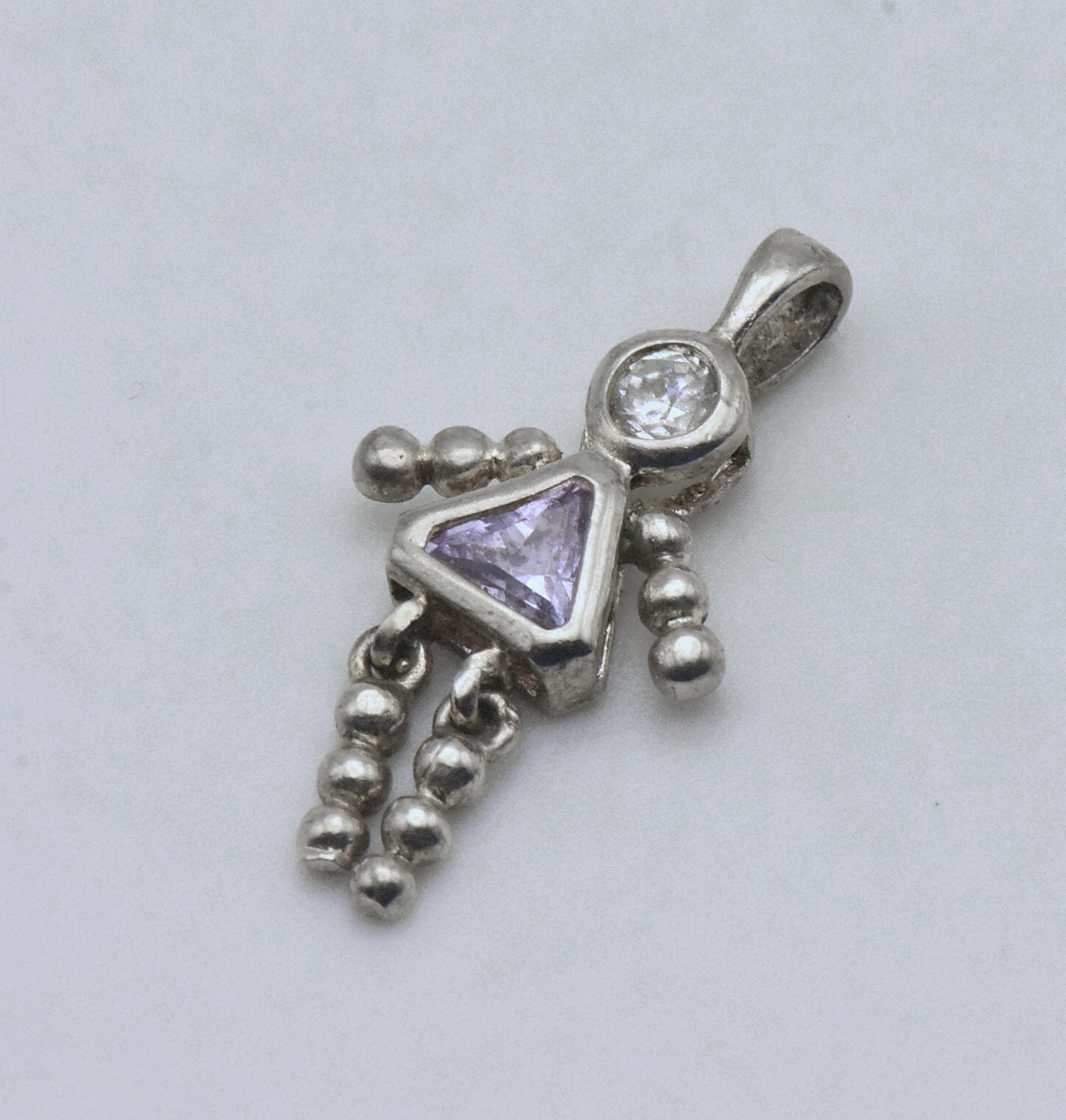 Vintage Sterling Silver CZ and Light Pink Crystal Girl Stick Figure Pendant