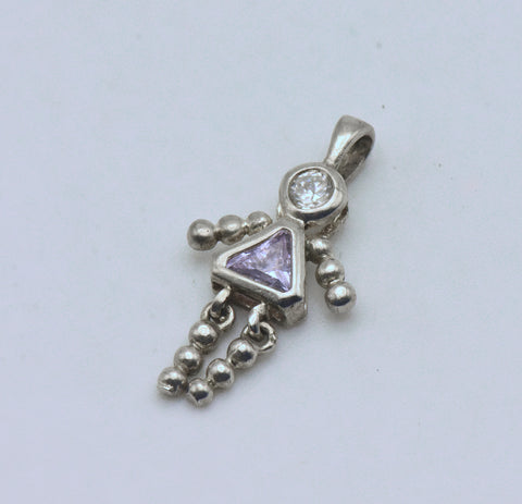 Vintage Sterling Silver CZ and Light Pink Crystal Girl Stick Figure Pendant