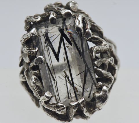 Vintage Tourmalinated Quartz Sterling Silver Brutalist Ring - Size 10.5